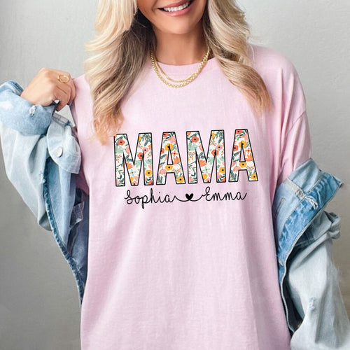 Mama Floral Shirt, Personalized Mom Shirt With Kids Names, Gift For Mom, Mother's Day Shirt, Custom Kid's Names Mom Shirt, Retro Mama Shirt