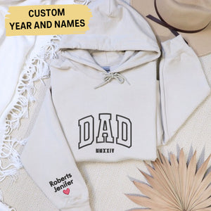 Dad Embroidered Hoodie, Custom Dad Shirt With Kids Names, Heart On Sleeve, Daddy Est Year Hoodie, Gift For New Dad, Father's Day Gift