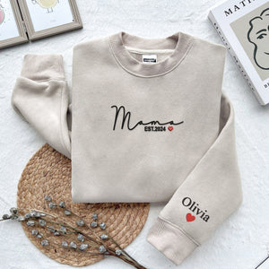 Mom Embroidered Sweatshirt, Custom Mama Shirt With Names, Heart On Sleeve