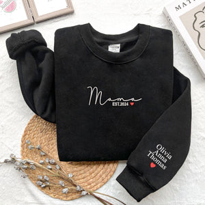 Mom Embroidered Sweatshirt, Custom Mama Shirt With Names, Heart On Sleeve