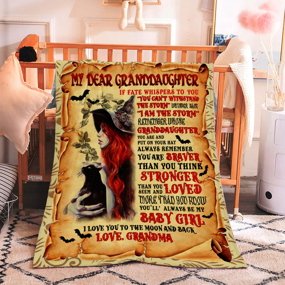 Personalized My Dear Granddaughter Witch Black Cat Blanket, Halloween Gift